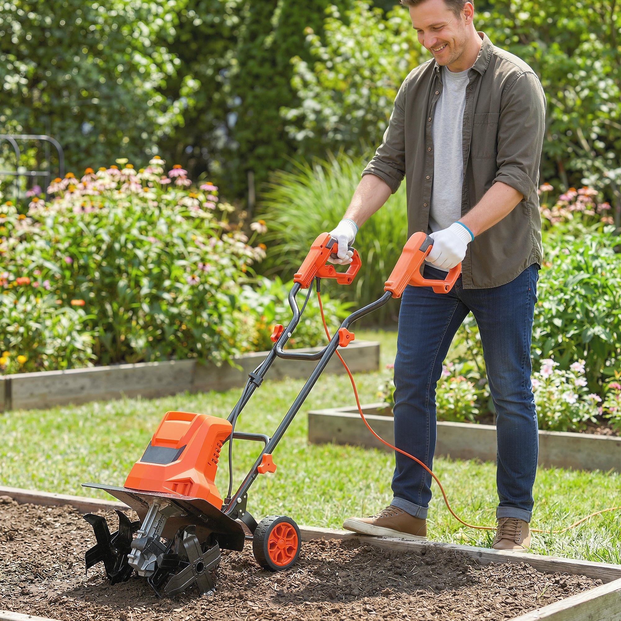 Outsunny 1500W Electric Garden Tiller w/Foldable Handle, 40cm Working Width, 20cm Tilling Depth, 6 Blades, 2 Adjustable Wheels 