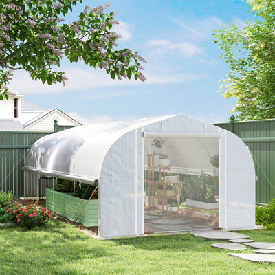 Outsunny 6 x 3 x 2m Walk-in Polytunnel Greenhouse, Zipped Roll Up Sidewalls, Mesh Door, 8 Mesh Windows, Tunnel Warm House Tent with PE Cover, Complimentary Plant Labels and Gloves, White 