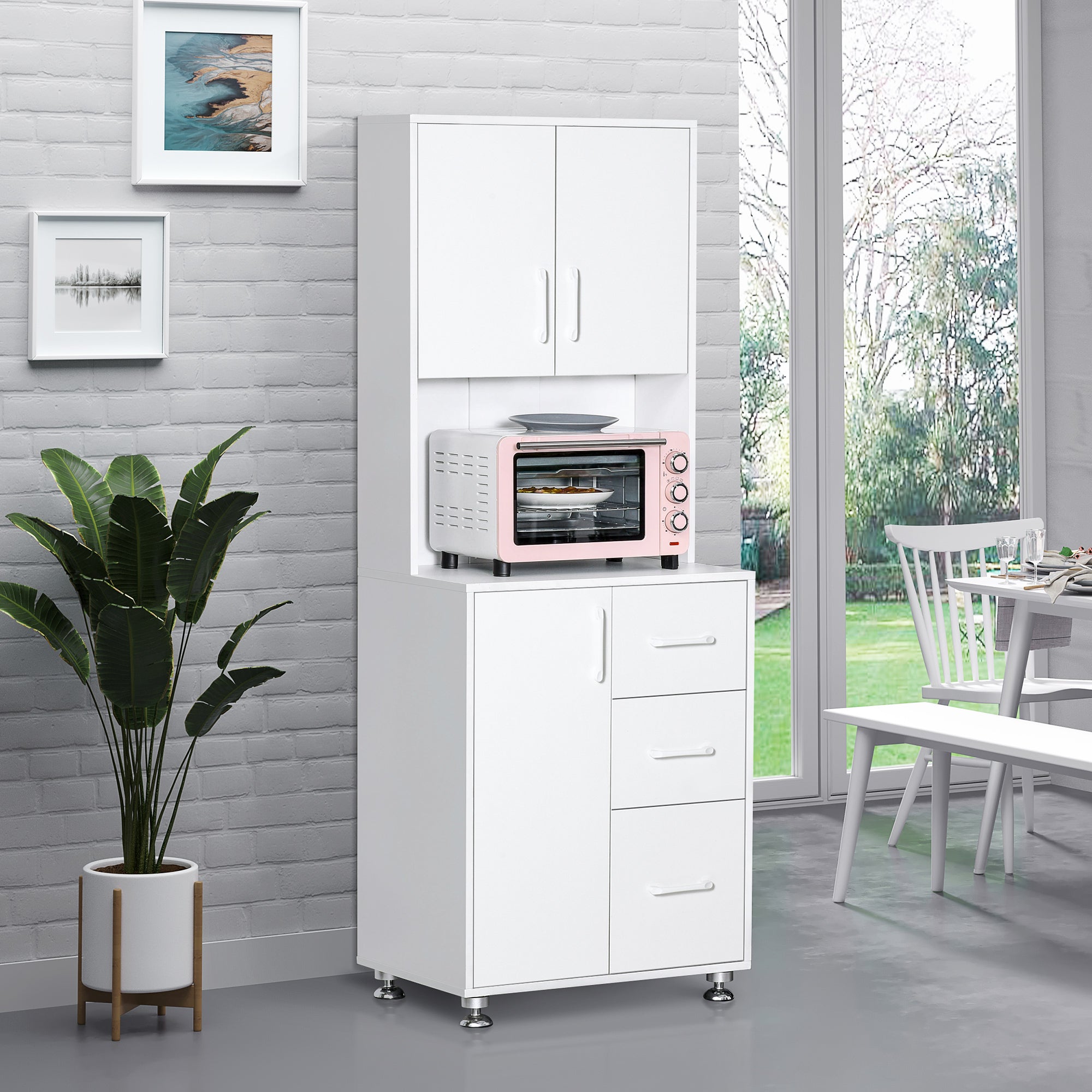 HOMCOM Modern Kitchen Cupboard with Storage Cabinets, 3 Drawers and Open Countertop for Living Room, White 