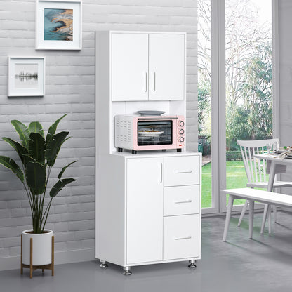 HOMCOM Modern Kitchen Cupboard with Storage Cabinets, 3 Drawers and Open Countertop for Living Room, White 