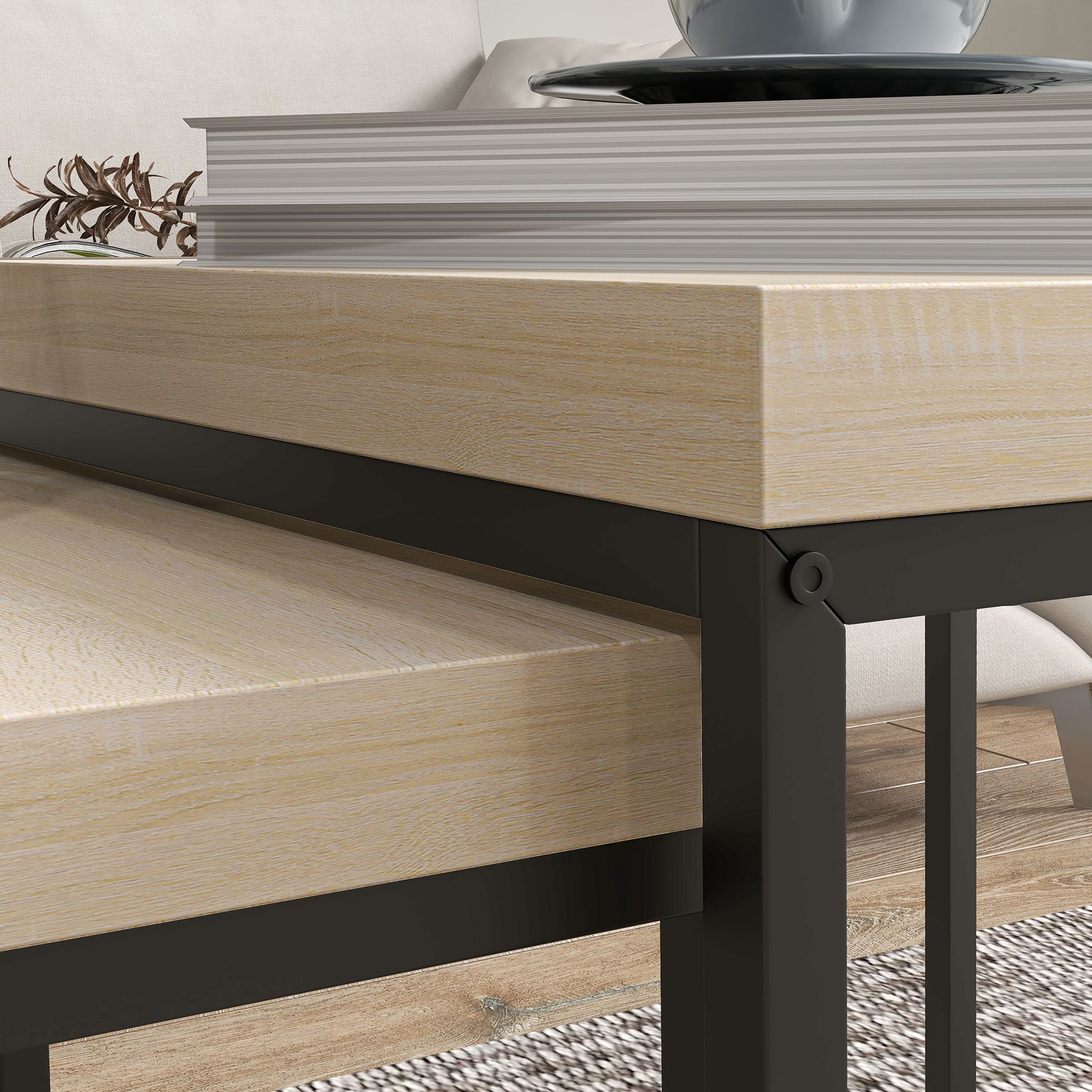 HOMCOM Coffee Table Set of 2, Nest of Tables with 3.5cm Thick Tabletop, Oak 