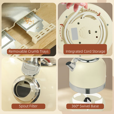 HOMCOM Polished Metal Kettle and Toaster Set - Cream 