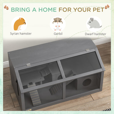 PawHut Hamster Cage, Wooden Small Animal Cage for Gerbils, Mice w/ Suspension Bridge, Openable Top, Hut, 85 x 45 x 44cm - Grey 