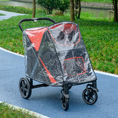 PawHut One-Click Foldable Pet Travel Stroller with Rain Cover, Cat Dog Pushchair with Universal Front Wheels, Shock Absorber, Storage Bags, Mesh Window, Safety Leash for Large and Medium Dogs (Red) 