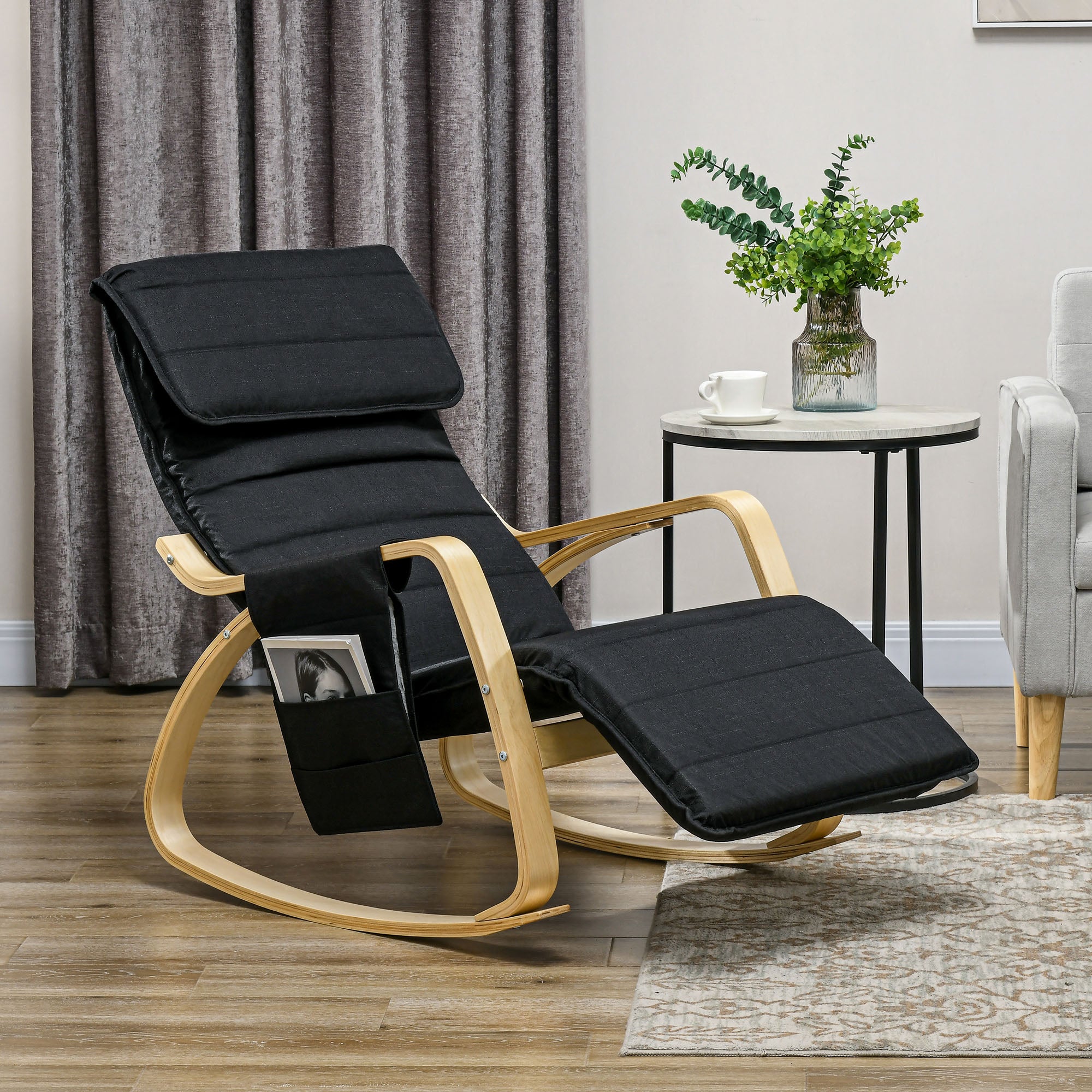 HOMCOM Rocking Lounge Chair Recliner Relaxation Lounging Relaxing Seat with Adjustable Footrest, Side Pocket and Pillow, Black 