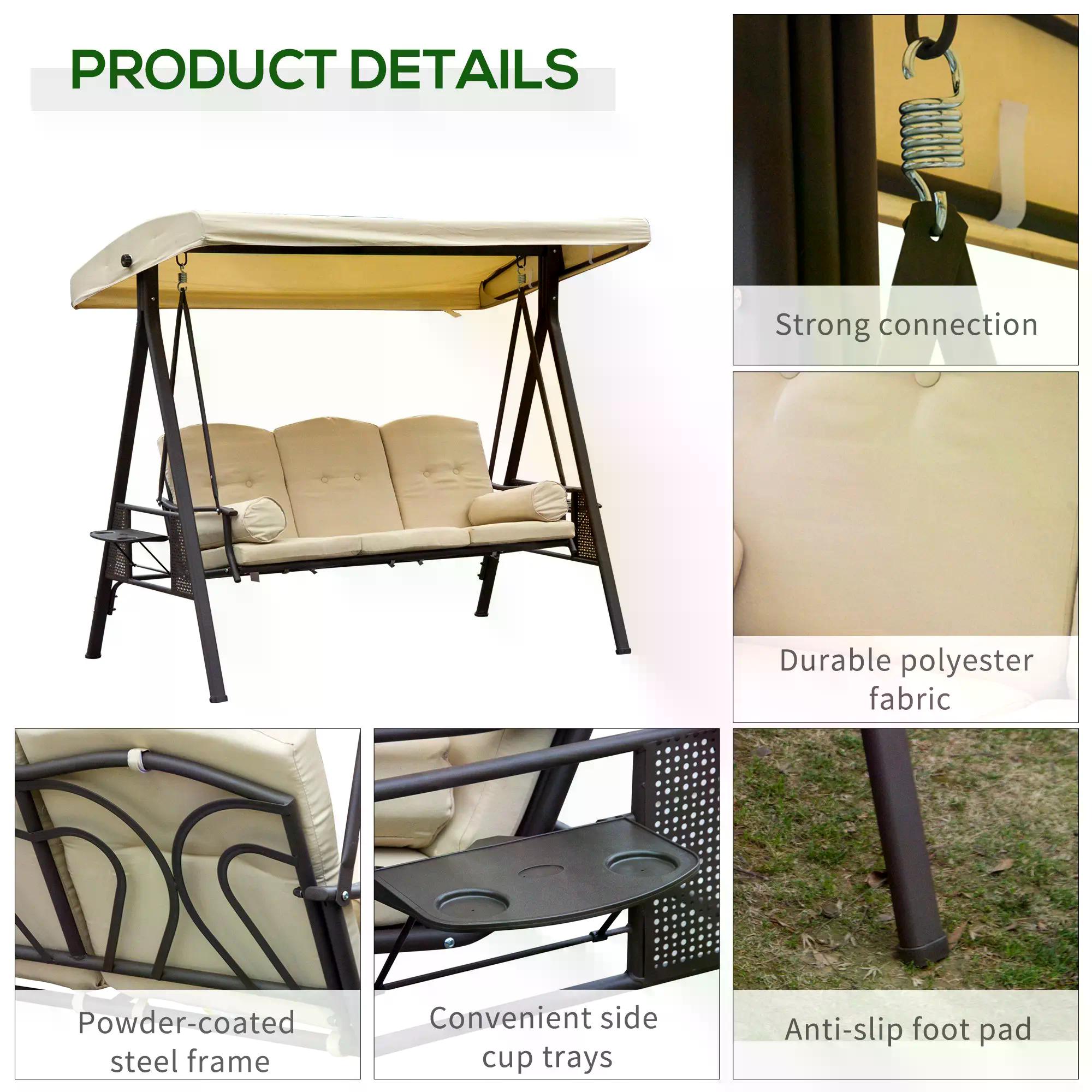 Outsunny Swing Chair Hammock Chair 3 Seater Canopy Cushion Shelter Outdoor Bench Steel Beige 