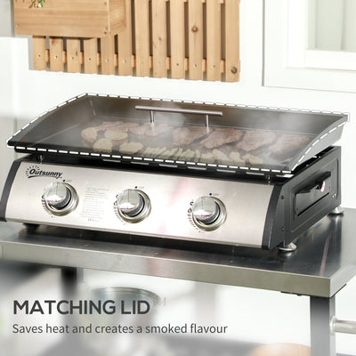 Outsunny 3 Burner Gas Plancha BBQ Grill with Lid, Black 
