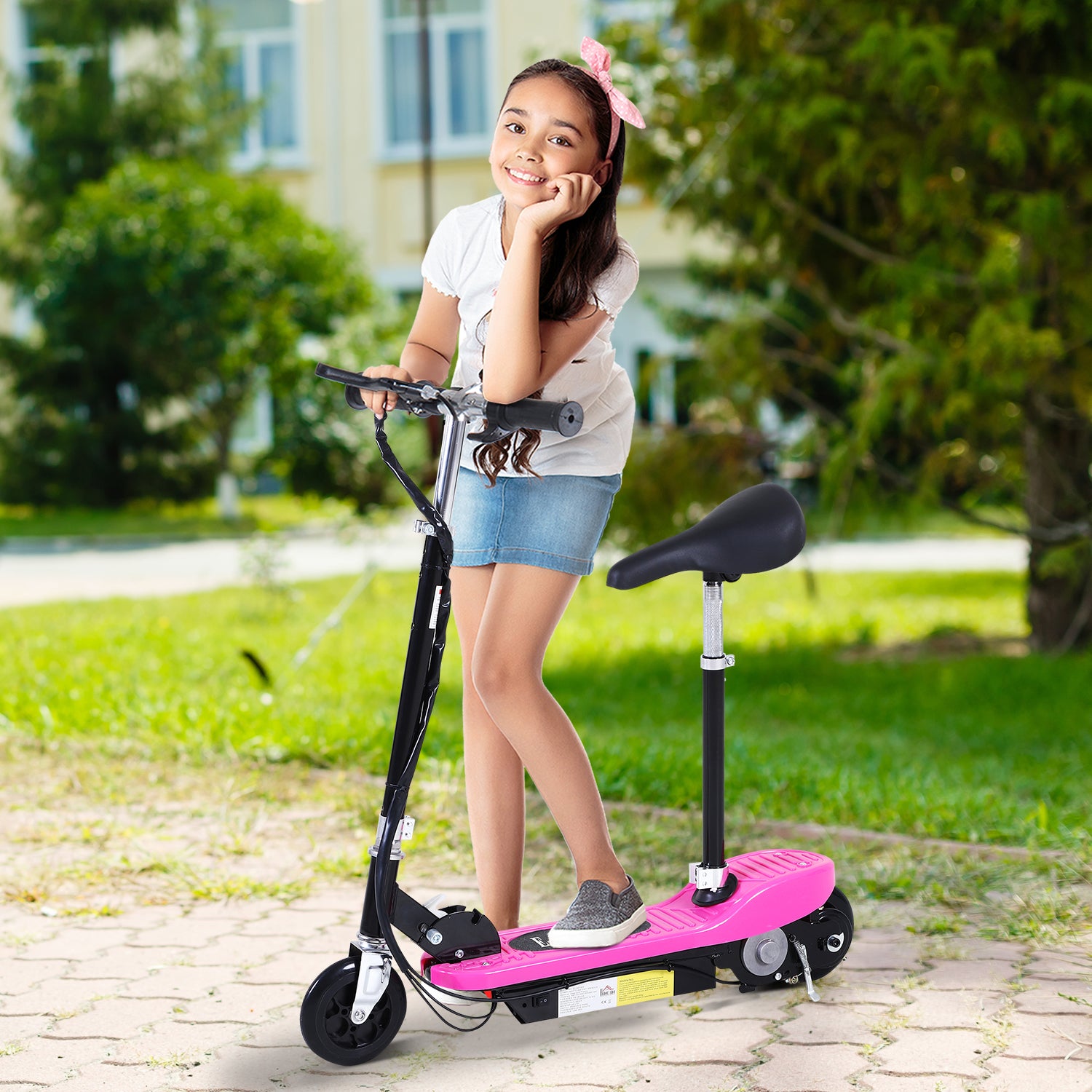 HOMCOM Foldable Electric Scooter Ride on for Kids 12V 120W W/Brake Kickstand-Pink 