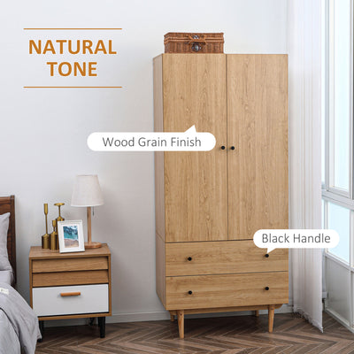 HOMCOM Wardrobe with 2 Doors, 2 Drawers, Hanging Rail for Bedroom Clothes Storage Organiser, 80x52x180cm, Natural Tone 