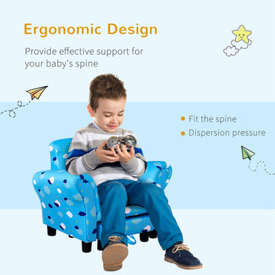 HOMCOM Toddler Chair Children's Armchairs Wood Frame w/ Footrest Anti-Slip Legs High Back Arms for Bedroom Playroom Cute Cloud Star Blue 