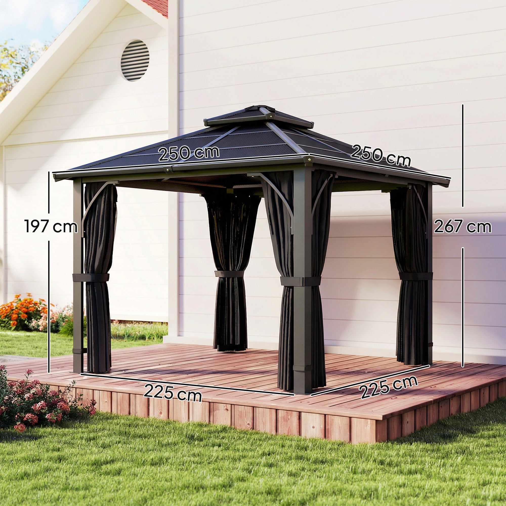 Outsunny 2.5 x 2.5 m Hardtop Gazebo Canopy with 7mm PC Roof, Garden Gazebo Permanent Pavilion with Netting, Curtains, Dark Grey 