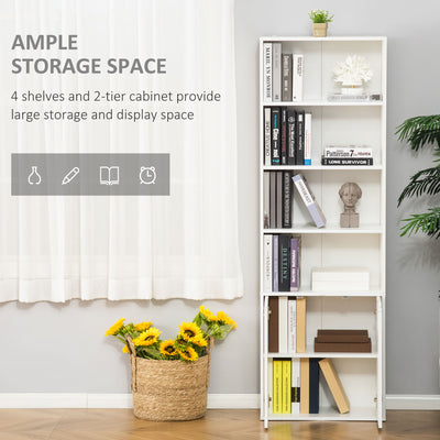 HOMCOM 6-Tier Tall Bookcase, Bookshelf with 4 Open Shelves and Double Door Storage Cabinet, Freestanding Display Rack for Living Room, Bedroom, Home Office, Study, 59 x 29 x 180cm, White 