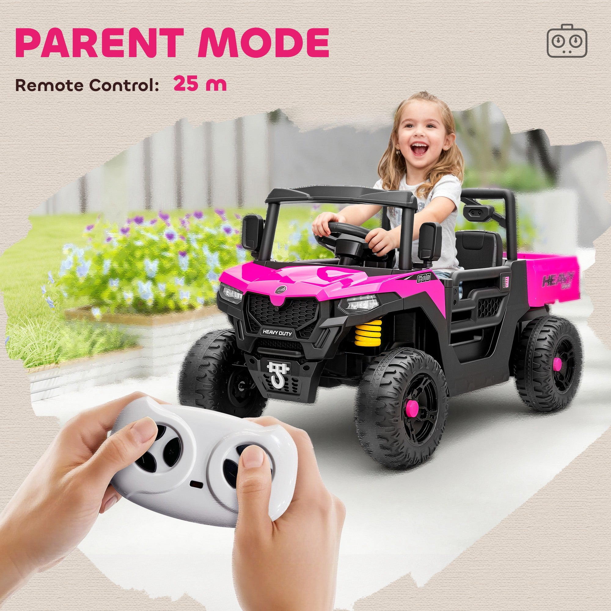 AIYAPLAY Kids Ride on Car, 12V Electric Kids UTV with Electric Dump Bed, 4-Wheel Suspension for 3-8 Years, Pink 