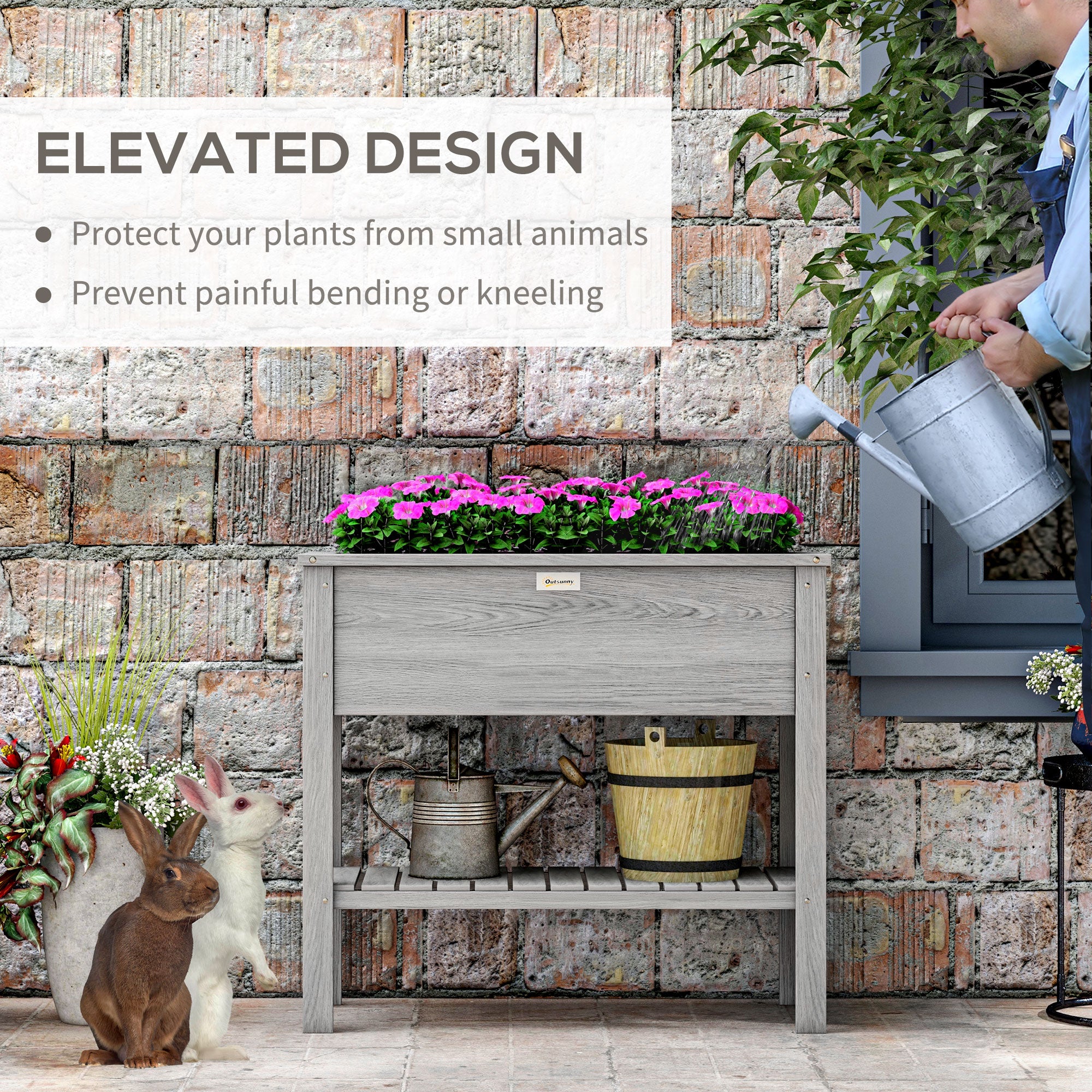 Outsunny Wooden Raised Garden Bed, Elevated Planter Box with Storage Shelf and Drainage Holes, Raised Planter with Legs, Grey 