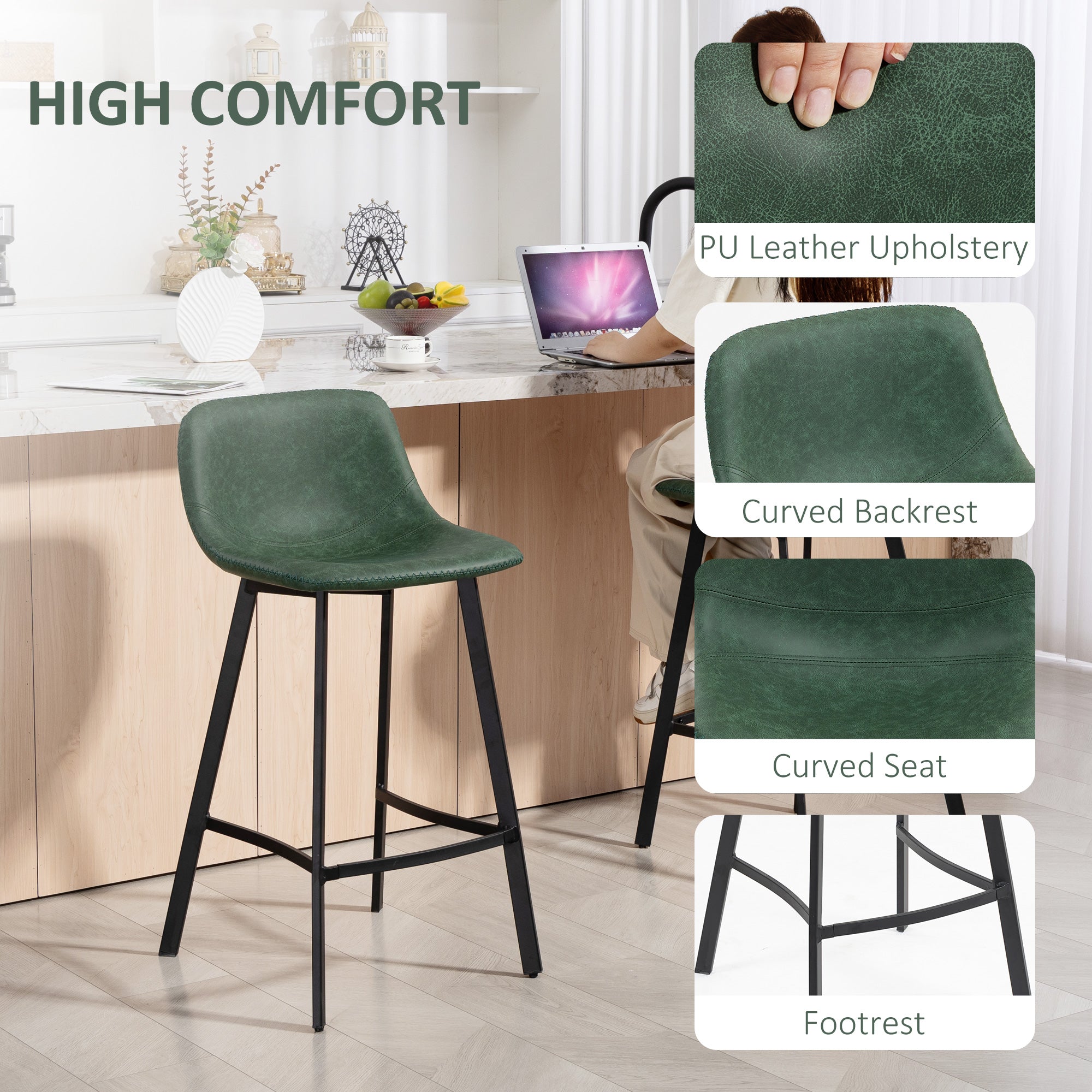 HOMCOM Bar Stools Set of 2, PU Leather Dining Stools with Backrest, Footrest, for Kitchen, Counter, Breakfast Bar, Green 