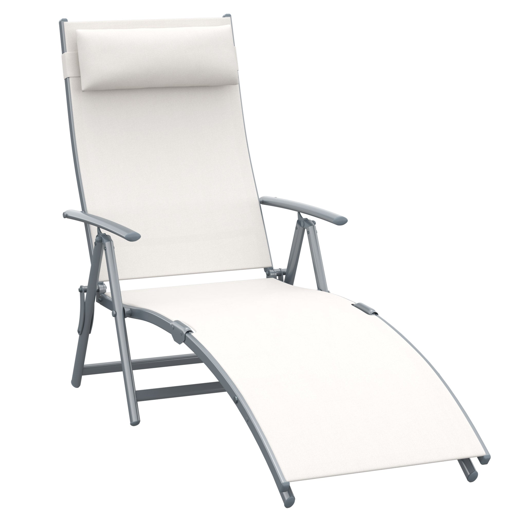 Outsunny Sun Lounger Steel Frame Outdoor Folding Chaise Texteline Lounge Chair Recliner with Headrest & 7 Levels Adjustable Backrest, Cream White 