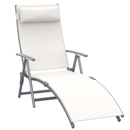Outsunny Sun Lounger Steel Frame Outdoor Folding Chaise Texteline Lounge Chair Recliner with Headrest & 7 Levels Adjustable Backrest, Cream White 