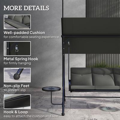 Outsunny 3 Seater Garden Swing Chair with Adjustable Canopy, Cushion and Coffee Tables for Outdoor Dark Grey 