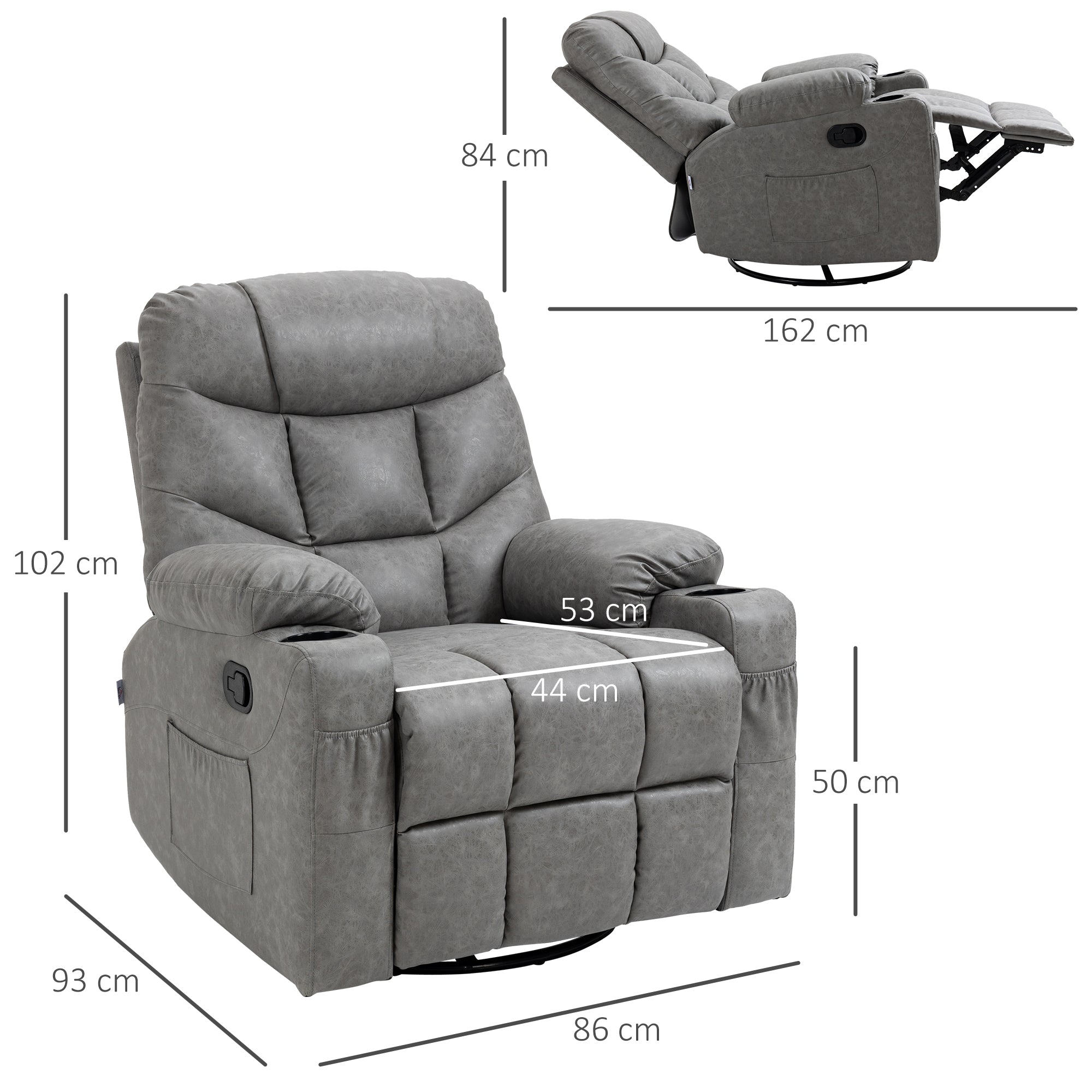 HOMCOM Thick Padded Faux Leather Recliner Armchair - Light Grey 