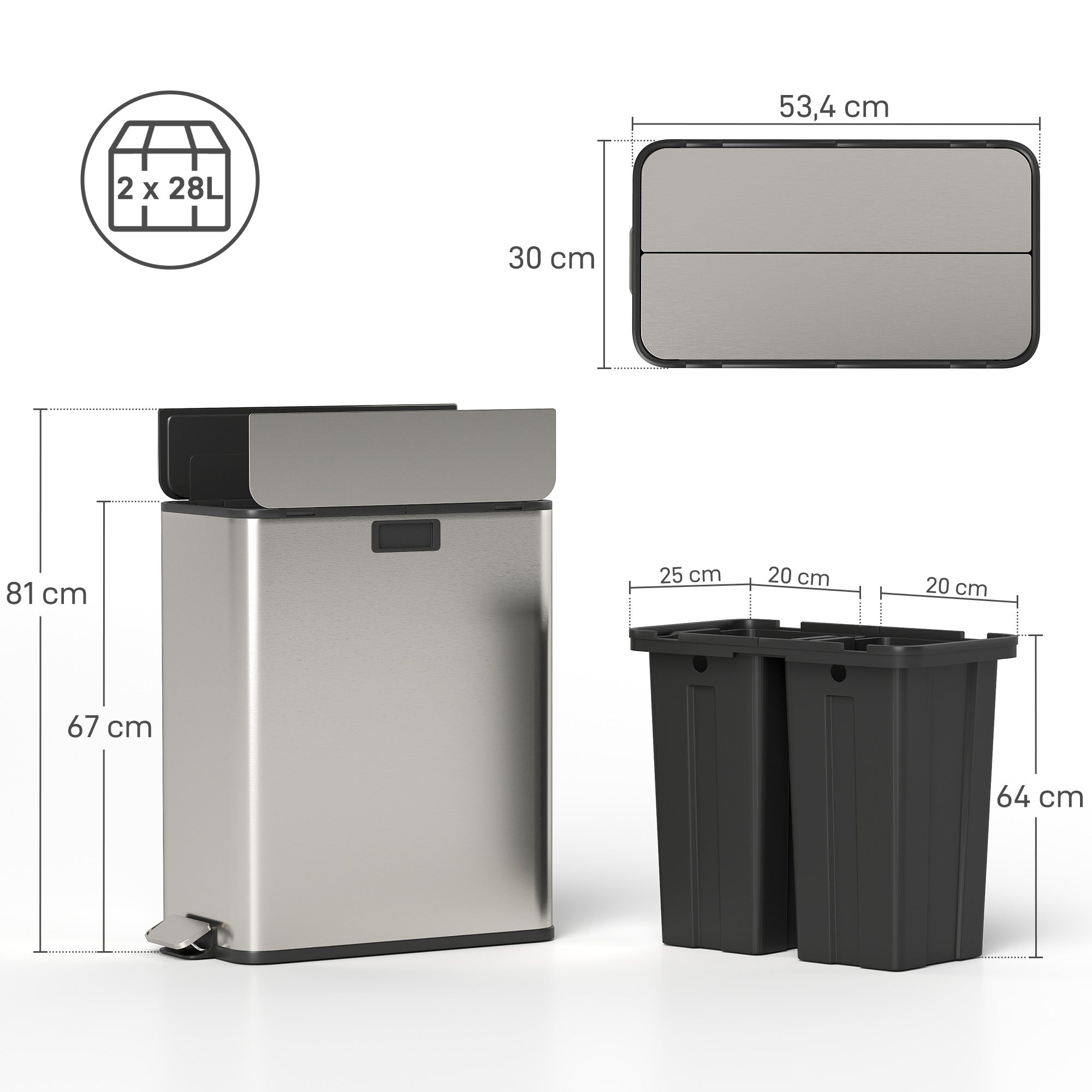 HOMCOM Dual Kitchen Bin with Soft-Close Butterfly Lid, 2 x 28L Stainless Steel Pedal Bin with Removable Inner Buckets, Fingerprint-Proof for Recycling and Waste, Silver Tone 
