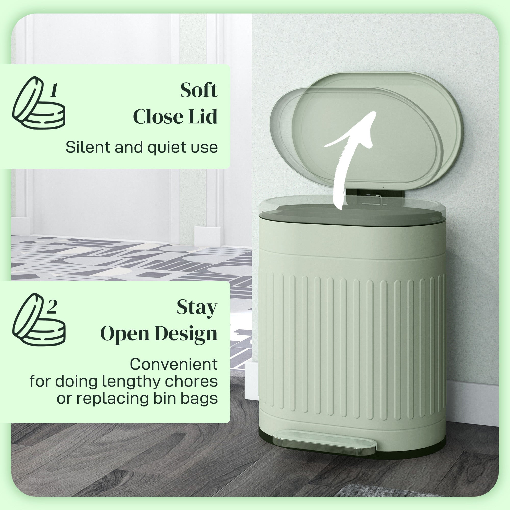 HOMCOM 20L Metal Kitchen Bin, with Soft-Close Lid - Light Green 