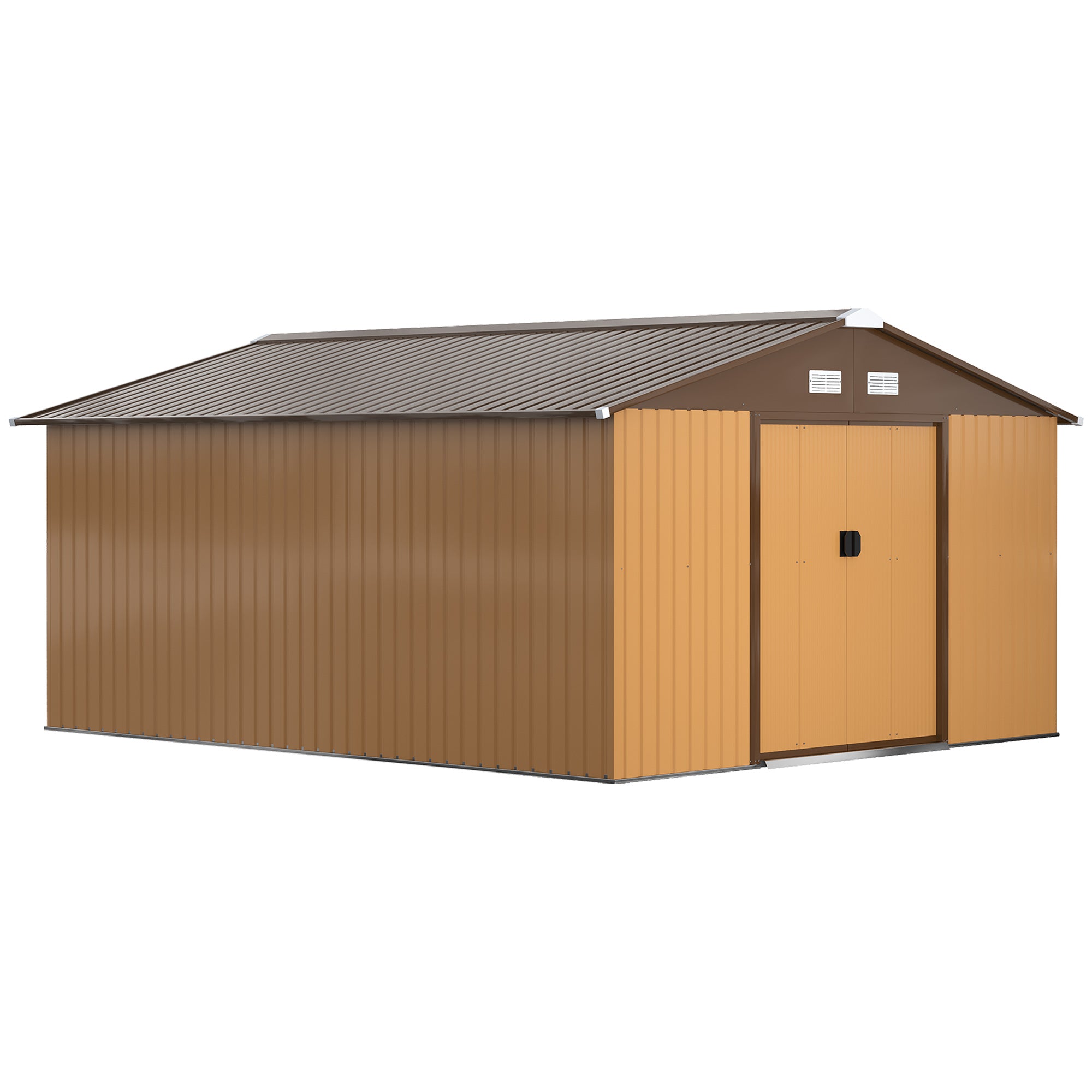 Outsunny 13 x 11ft Metal Garden Shed, Outdoor Storage Tool House with Ventilation Slots, Foundation Kit and Lockable Double Doors, Light Brown 