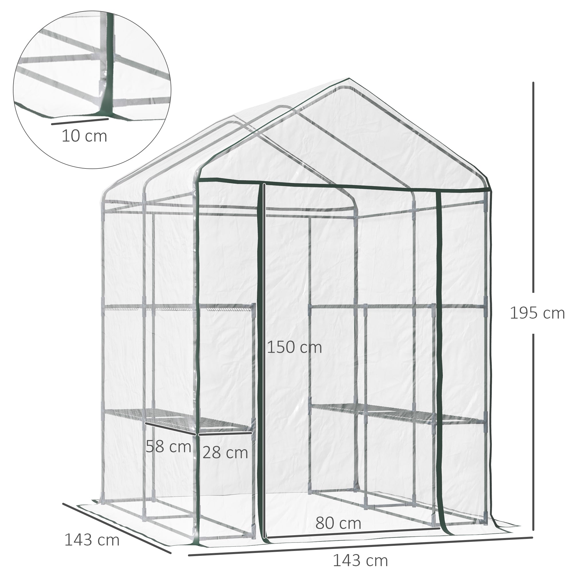 Outsunny Walk in Greenhouse with 3-Tier 8 Shelves, Green House with Hemmed Cover, Roll-up Zipped Door, Steel Frame, 143 x 143 x 195cm 