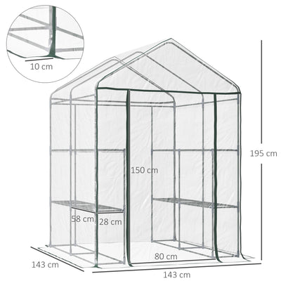 Outsunny Walk in Greenhouse with 3-Tier 8 Shelves, Green House with Hemmed Cover, Roll-up Zipped Door, Steel Frame, 143 x 143 x 195cm 