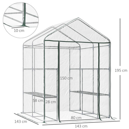 Outsunny Walk in Greenhouse with 3-Tier 8 Shelves, Green House with Hemmed Cover, Roll-up Zipped Door, Steel Frame, 143 x 143 x 195cm 