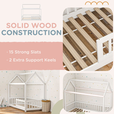 HOMCOM House-Shaped Kids Bed Frame with Safety Fence, Solid Pine Wood Single Bed Frame for Kids Boys and Girls 