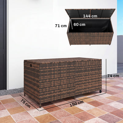 Outsunny 650L Garden Storage Box with 2 Wheels, Rattan Deck Box with Waterproof Zipped Liner, Safe Pneumatic Rods, Mixed Brown 