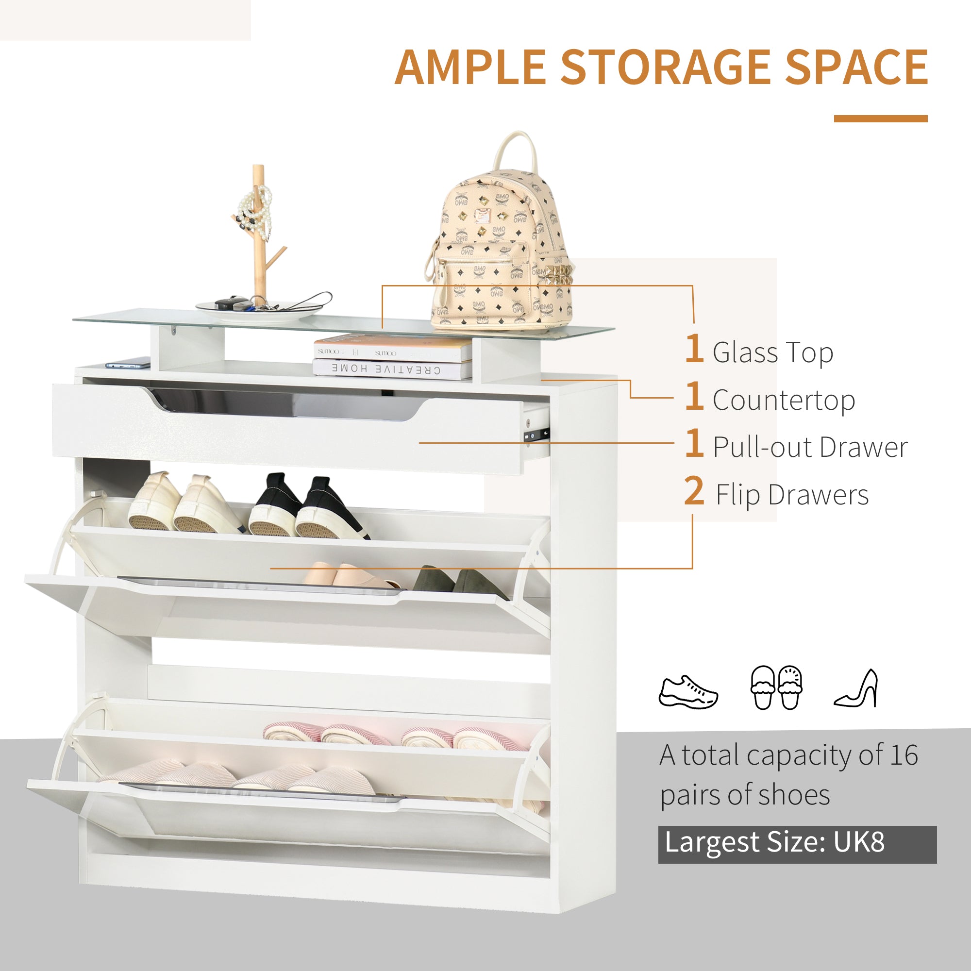 HOMCOM Shoe Storage Cabinet, Shoe Cupboard with Slide Out Drawer, 2 Flip Doors, Tempered Glass Top and Adjustable Shelves for 16 Pairs of Shoes, White 