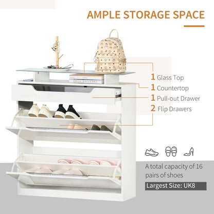 HOMCOM Shoe Storage Cabinet, Shoe Cupboard with Slide Out Drawer, 2 Flip Doors, Tempered Glass Top and Adjustable Shelves for 16 Pairs of Shoes, White 