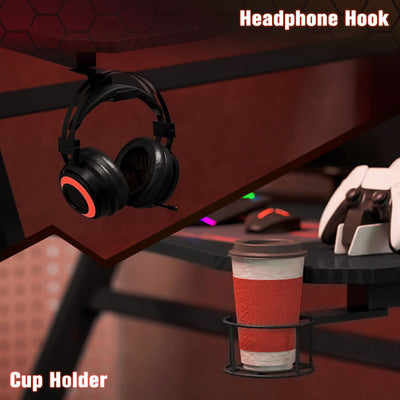 HOMCOM Gaming Desk 120 x 65 cm Steel Frame with Cup Holder, Headphone Hook, Adjustable Feet and Cable Organiser, Home Office Computer Table, Black 