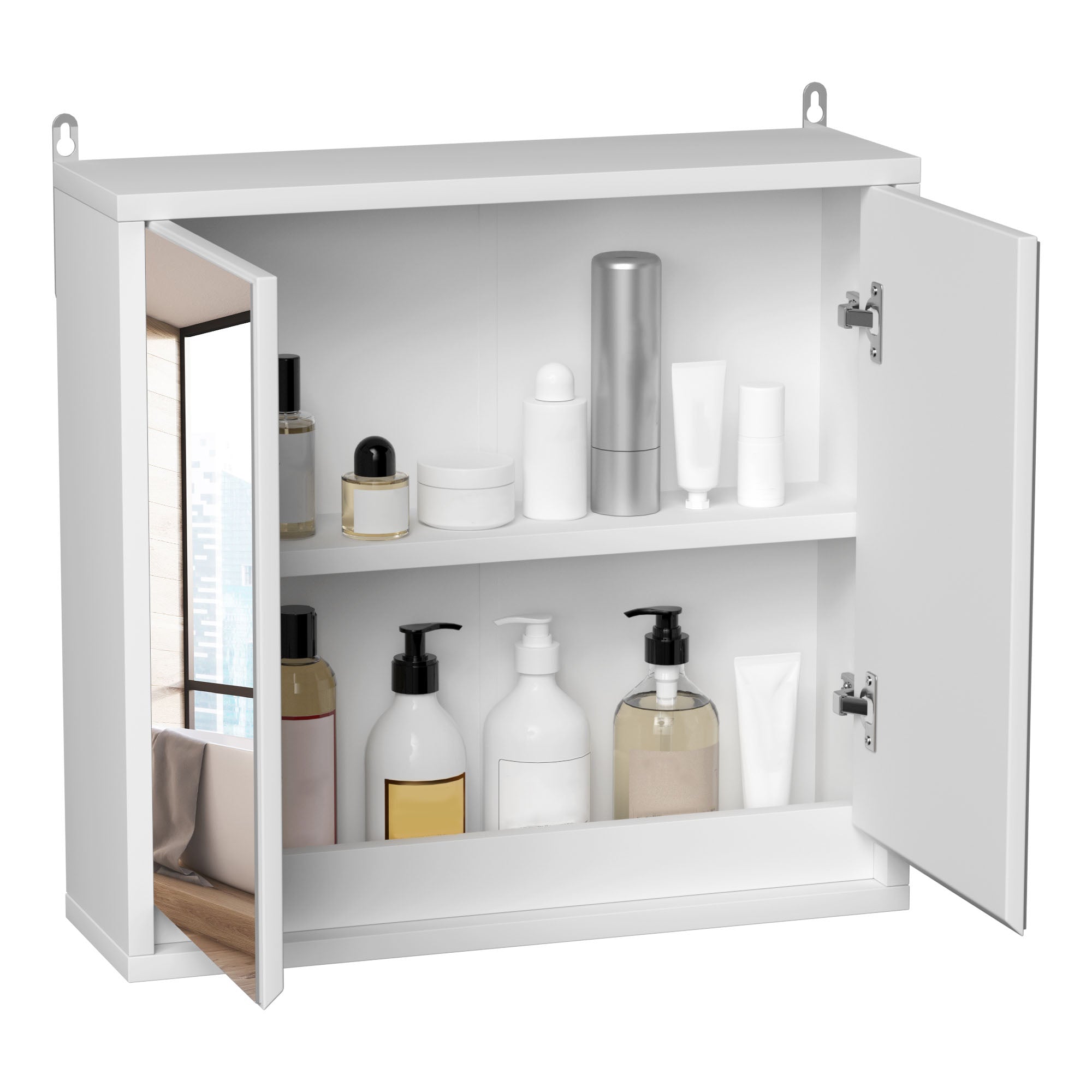 HOMCOM Bathroom Mirror Cabinet Wall Mounted Storage Shelf Bathroom Cupboard Double Door, White 