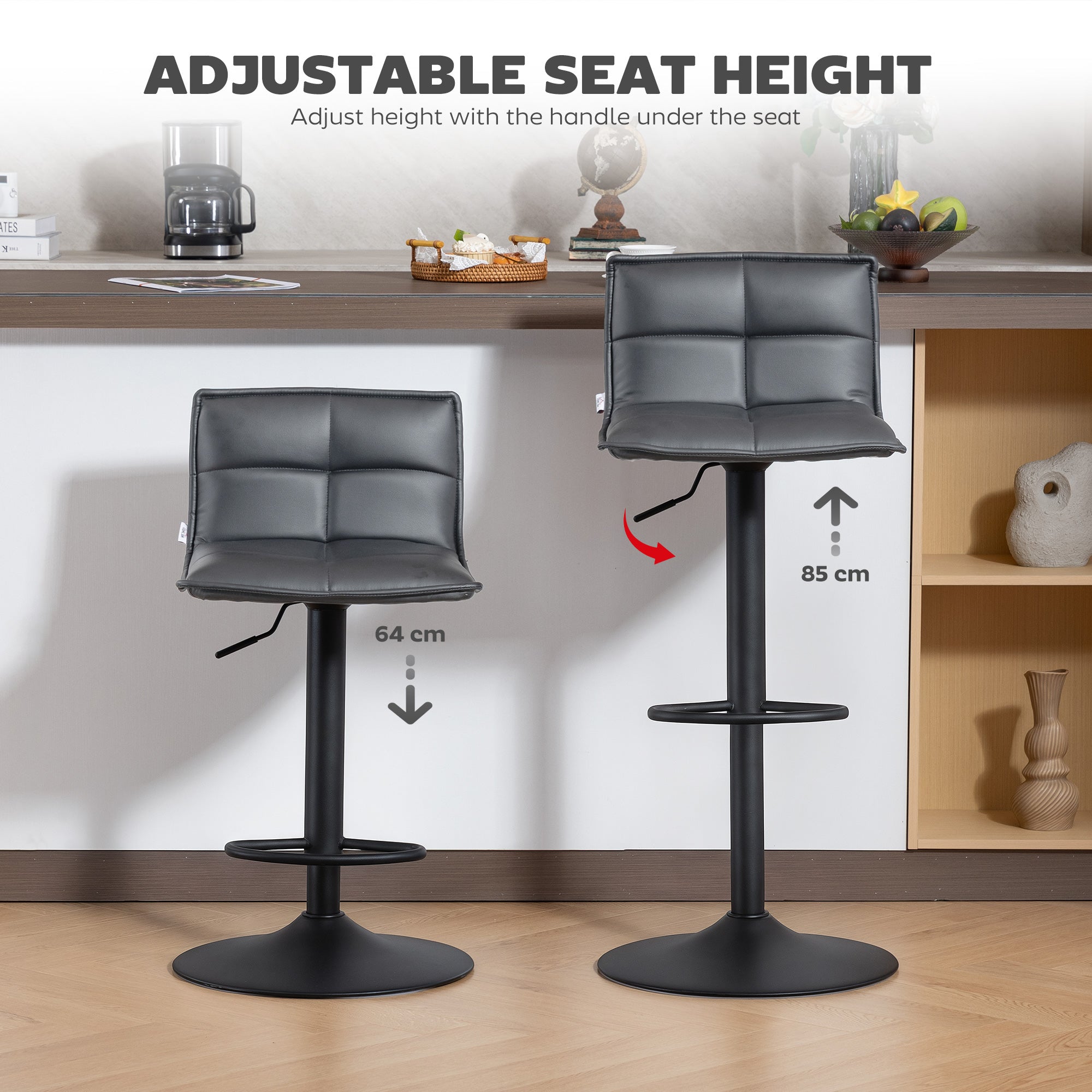 HOMCOM Set of Two Modern Faux Leather Bar Stools - Dark Grey 