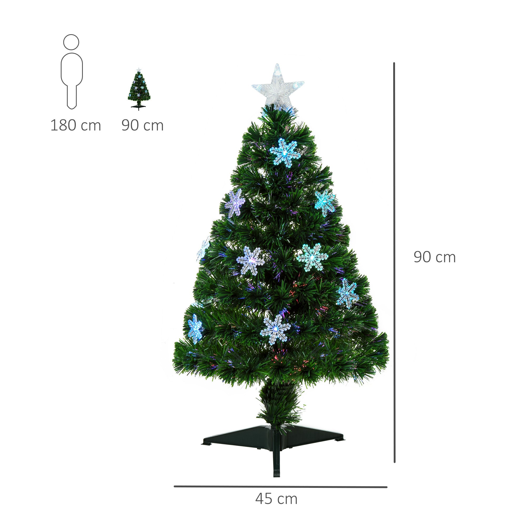 HOMCOM 3FT Green Fibre Optic Artificial Christmas Tree Xmas Colourful LED Scattered Tree with Snowflakes Ornaments Fireproofing 