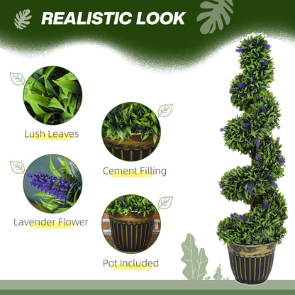 HOMCOM Set of 2 Decorative Artificial Plants, Boxwood Spiral Topiary Tree with Lavender and Pot, Fake Plants for Home Indoor Outdoor Decor, 115cm