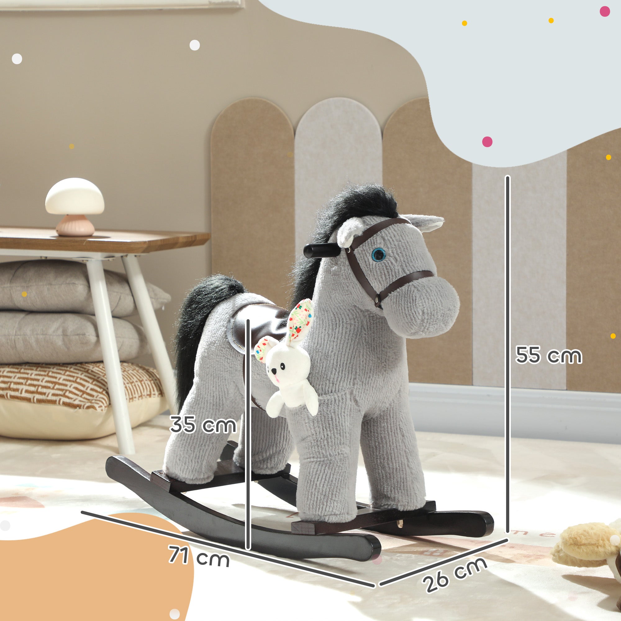 AIYAPLAY Baby Rocking Horse, Plush Ride on Toy with Handle Grip, Sound and Doll, Toddler Animal Rocker for Kids Aged 2-5, Grey 