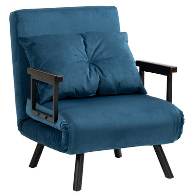 HOMCOM 4-in-1 Velvet-Feel Single Chair Bed, with Pillow - Navy Blue 