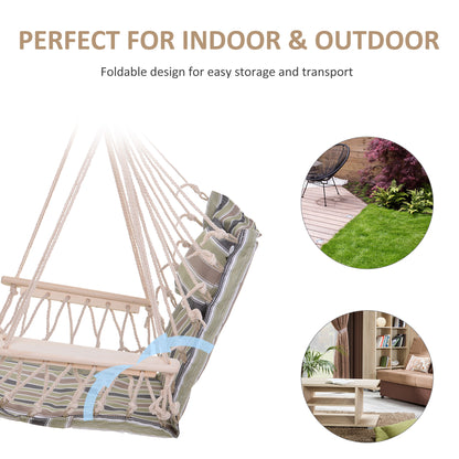 Outsunny Garden Outdoor Hanging Hammock Chair Thick Rope Frame Wooden Arms Safe Wide Seat Garden Outdoor Spot Stylish Multicoloured stripes 