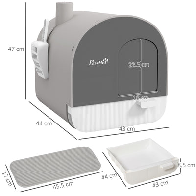 PawHut Hooded Cat Litter Box, Kitten Litter Tray, with Lid, Scoop, Filter, Flap Door, Light Grey 