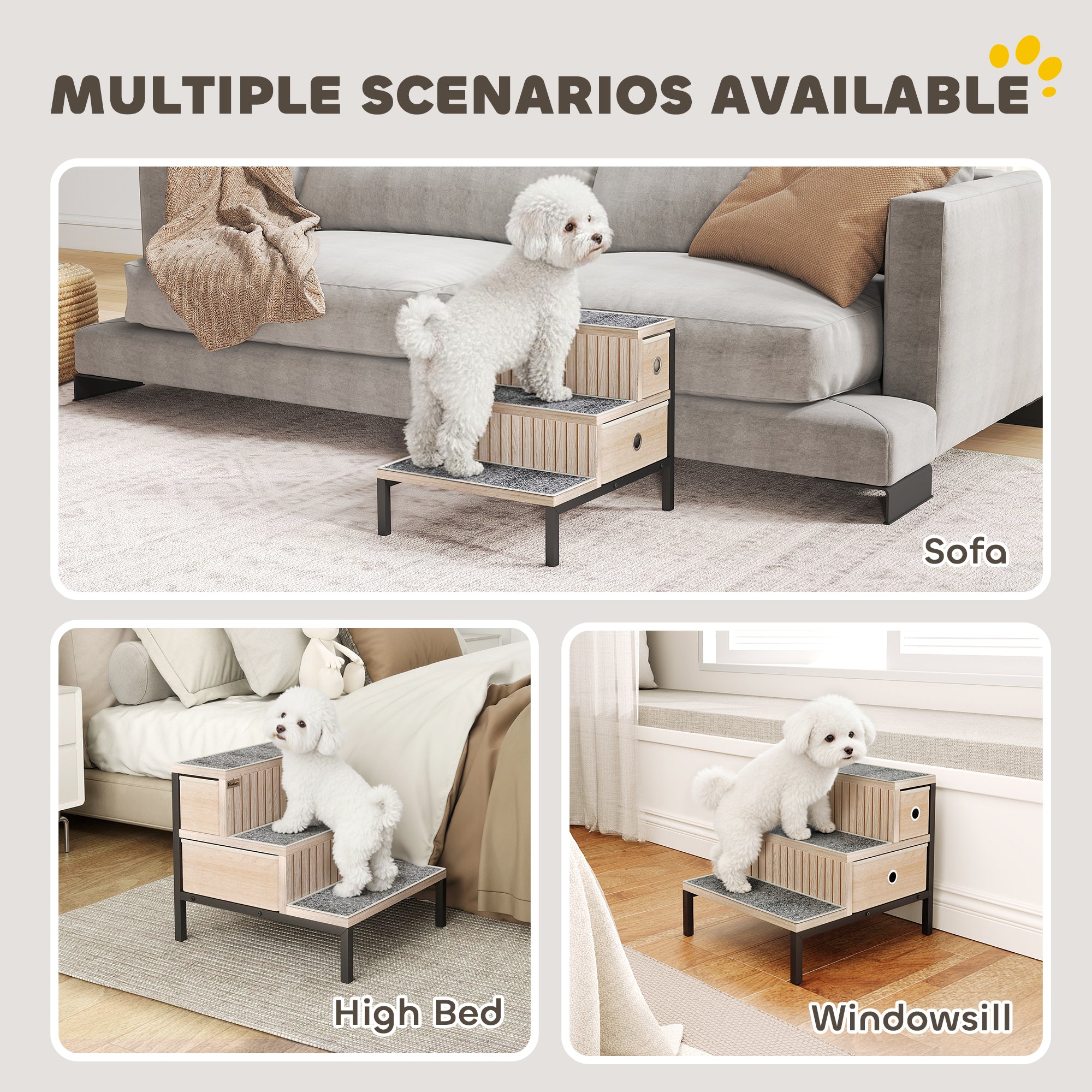 PawHut Dog Stairs with Storage, Non-Slip Cover, Pet Steps for Small Dogs & Older Cats, for Sofa, High Bed, Oak Tone 