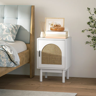 HOMCOM Rattan Bedside Table for Bedroom - White 