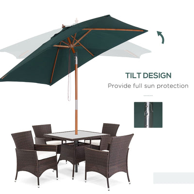 Outsunny 2m x 1.5m Garden Parasol Umbrella with Tilting Sunshade Canopy, Outdoor Market Table Umbrella with Wood and Bamboo Frame, Green 