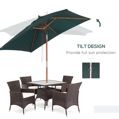 Outsunny 2m x 1.5m Garden Parasol Umbrella with Tilting Sunshade Canopy, Outdoor Market Table Umbrella with Wood and Bamboo Frame, Green 