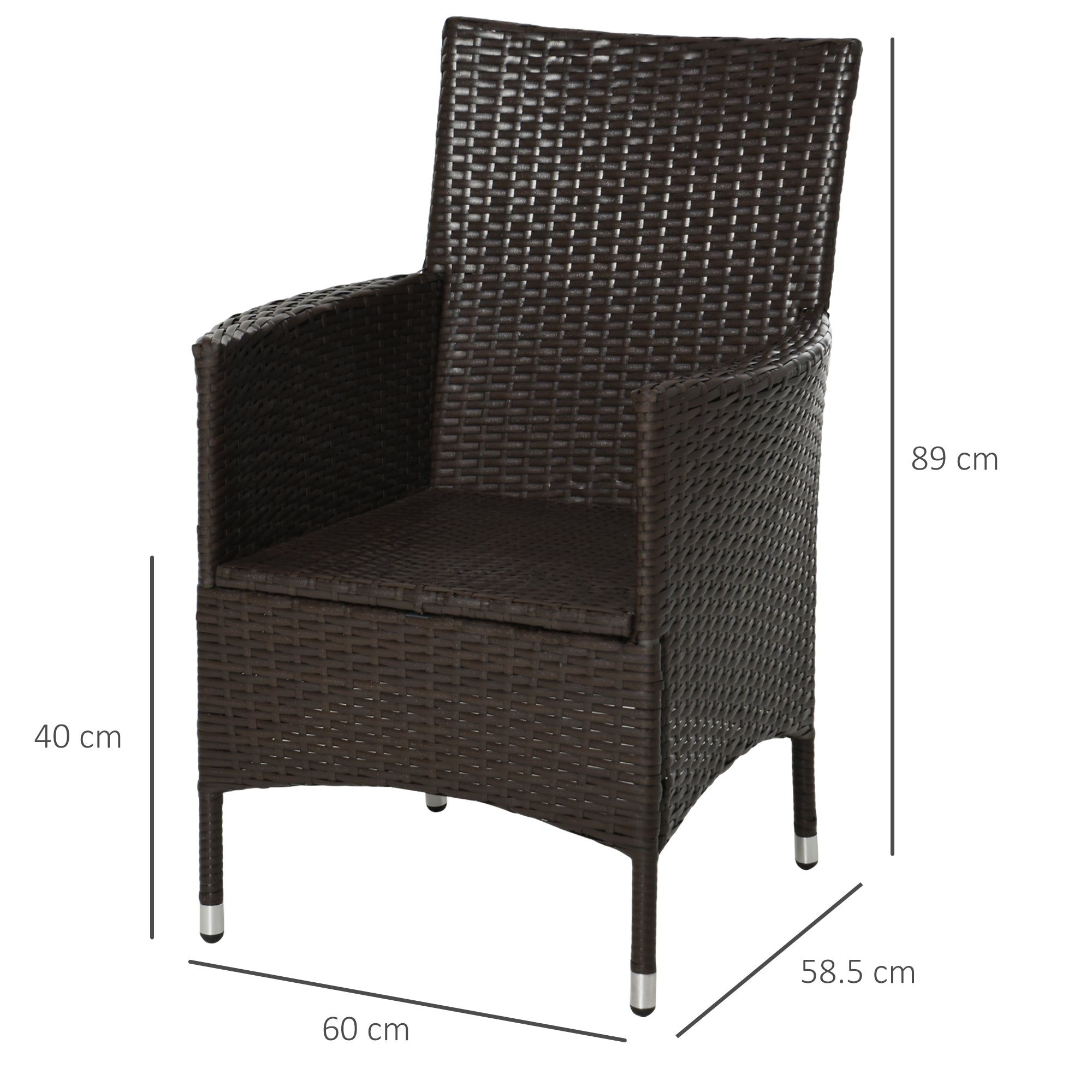 Outsunny 2 Pieces Outdoor PE Rattan Dining Chairs Set with Cushion, Garden Armchair with Armrests, High Backrest, Metal Frame Patio Wicker Furniture, Coffee 