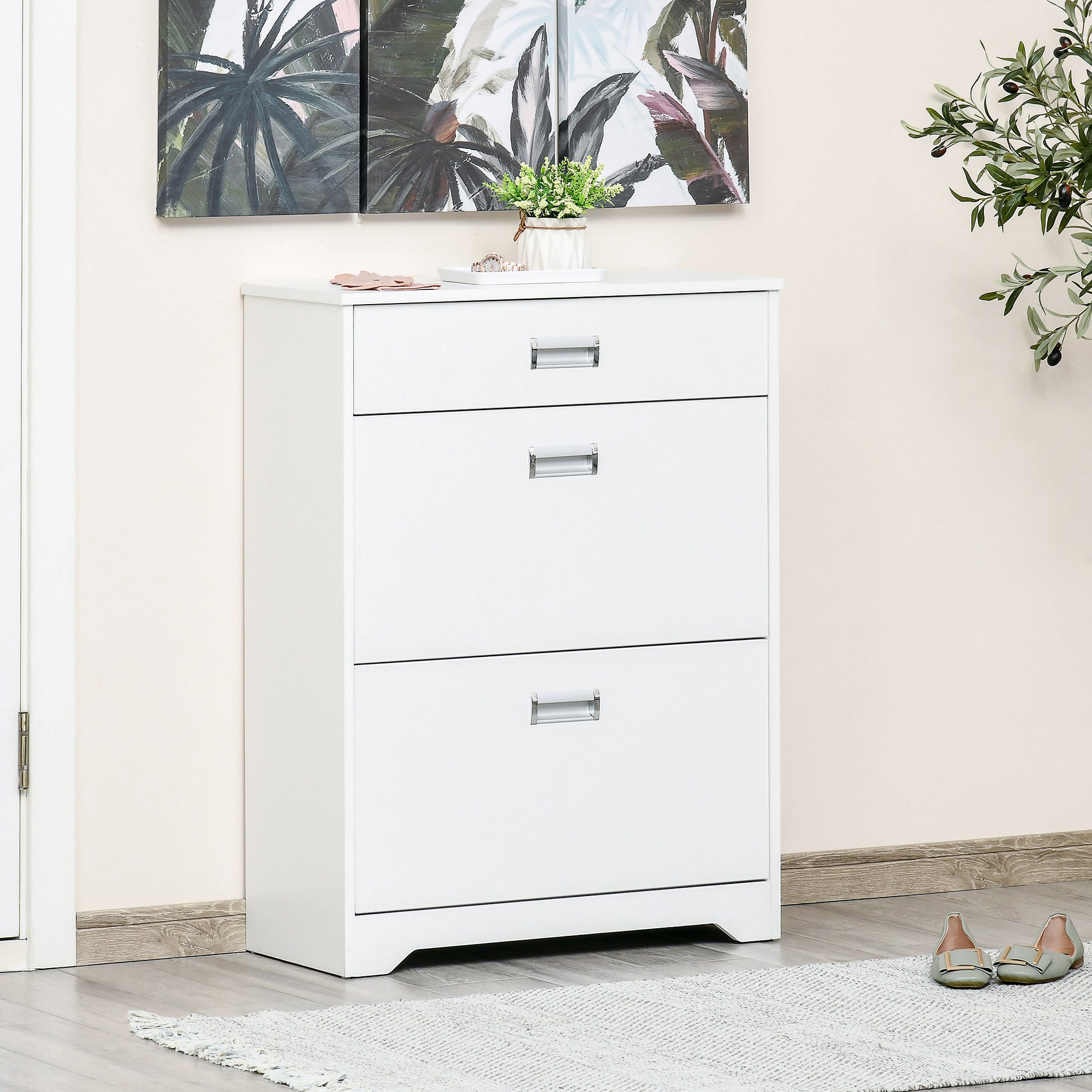 HOMCOM Shoe Cabinet, Slim Shoe Storage Cabinet with Drawer, 2 Flip-up Doors and Adjustable Shelf, Narrow Shoe Cupboard for 16 Pairs of Shoes for Entryway, Hallway, White 