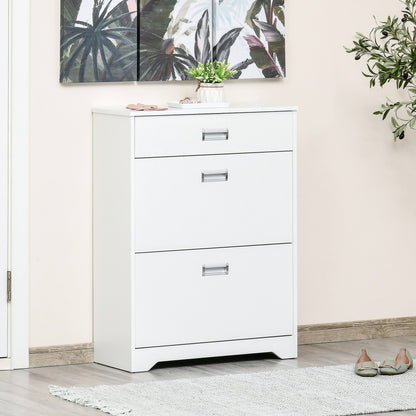 HOMCOM Shoe Cabinet, Slim Shoe Storage Cabinet with Drawer, 2 Flip-up Doors and Adjustable Shelf, Narrow Shoe Cupboard for 16 Pairs of Shoes for Entryway, Hallway, White 