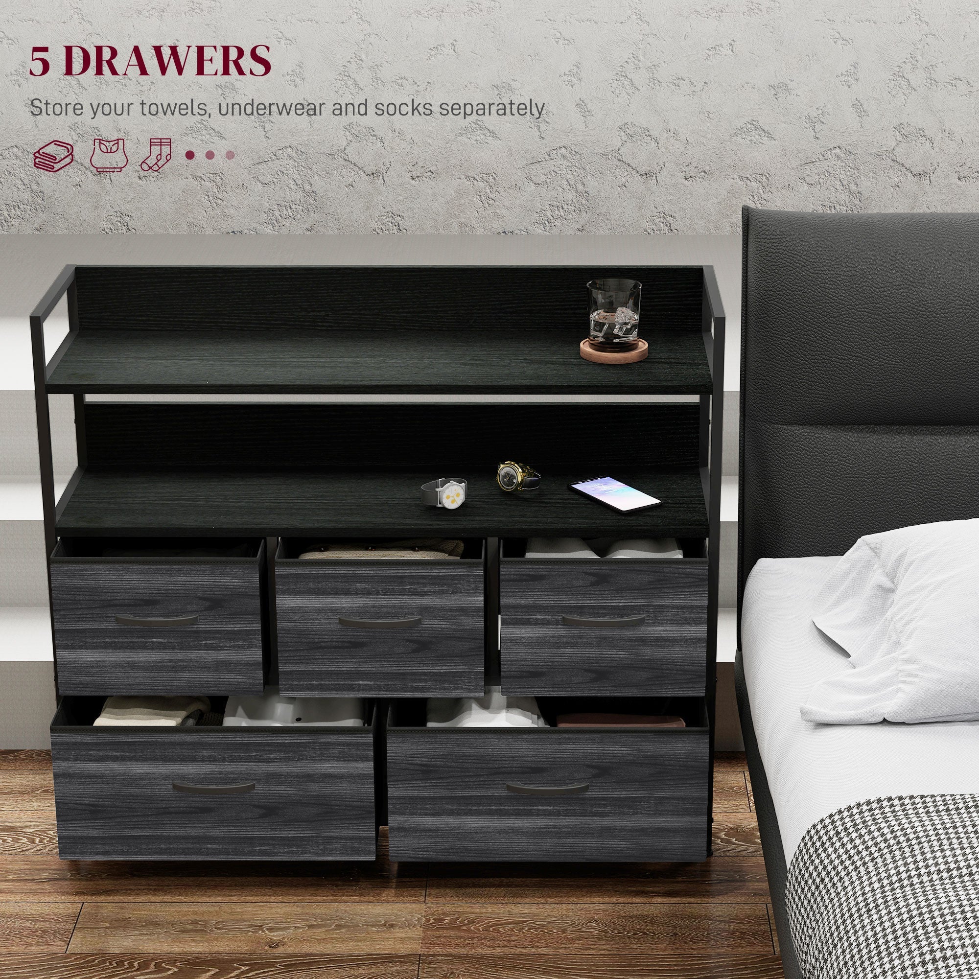 HOMCOM Rustic Chest of Five Fabric Drawers - Black 